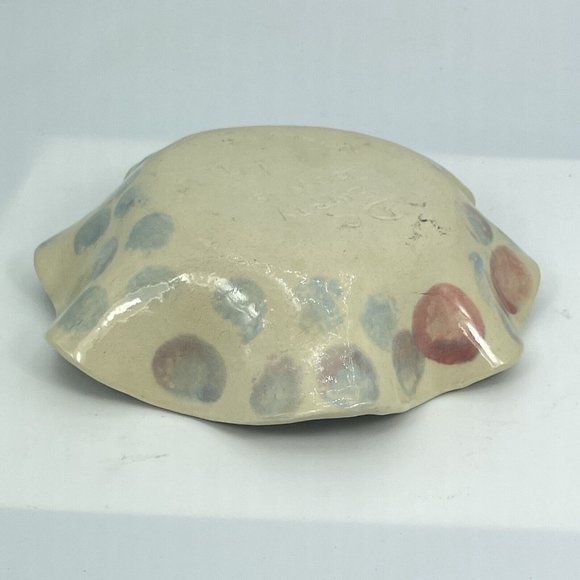 Empty Bowls Art Pottery Stoneware Bowl Blue Tan Pink Paws Fish Spots Signed 2015 - Picture 7 of 10